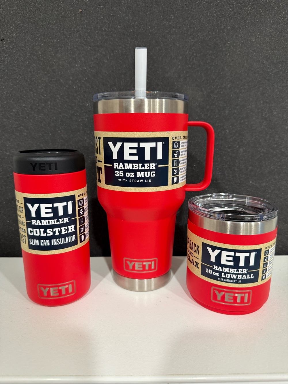 Yeti Red Rambler Set - Travel Mug, Lowball, and Colster